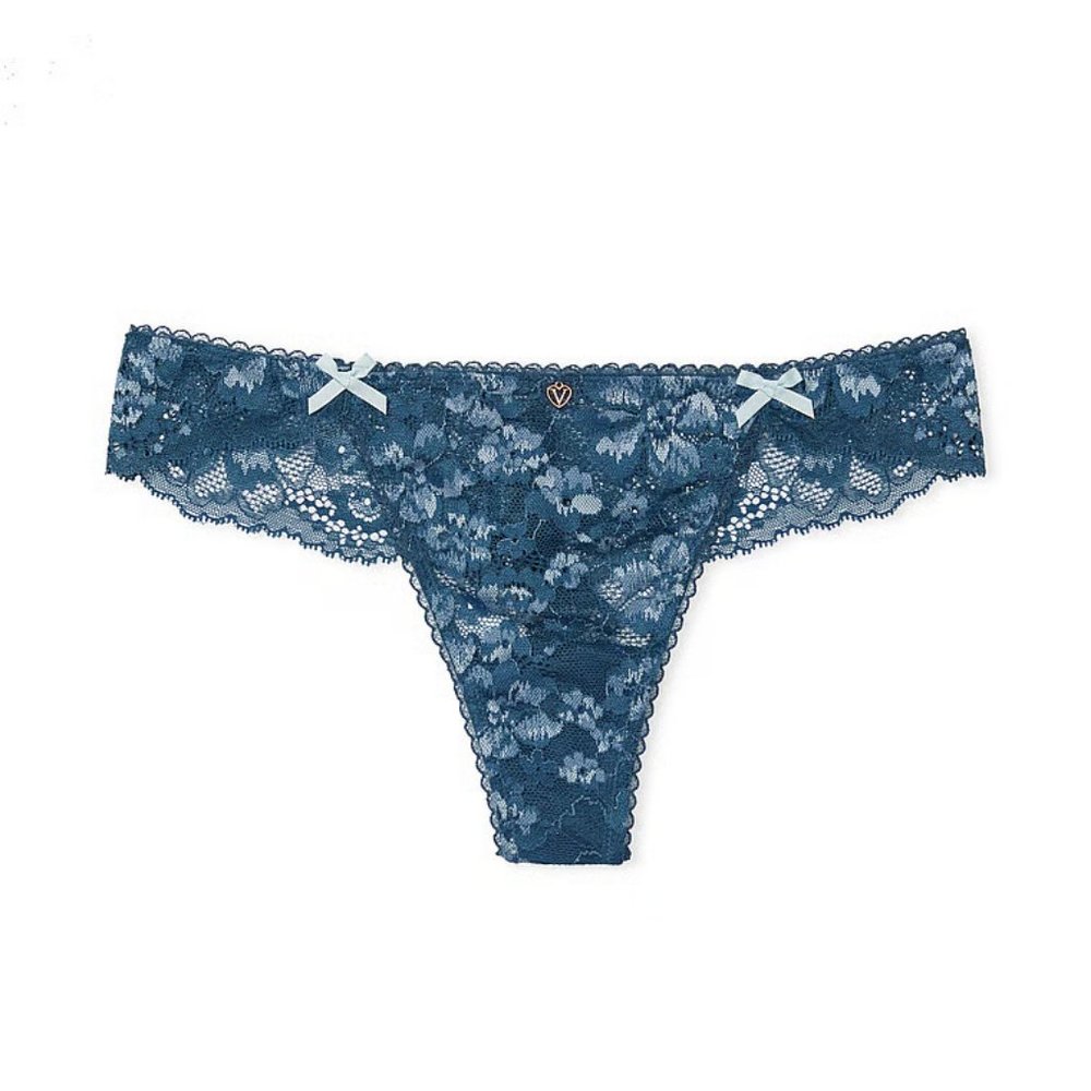 Shimmer Lace-Front Thong Panty - Dark Blue - Victoria's Secret - NWT